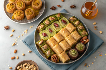 traditional Ramadan sweets like baklava kunafa qatayef top view