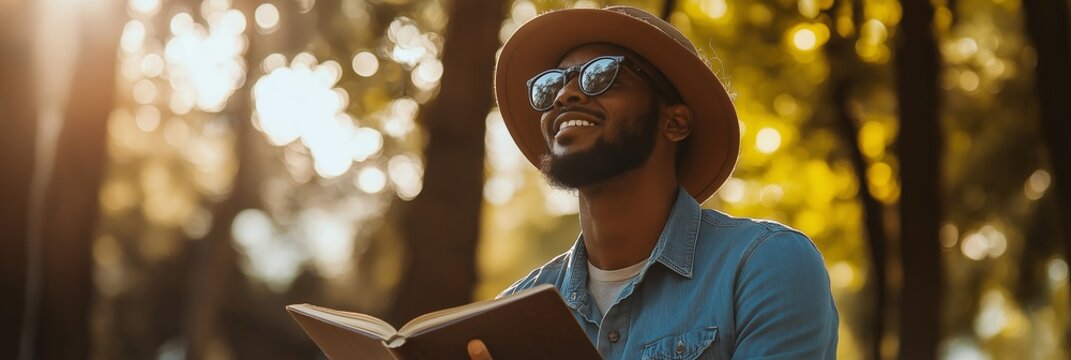 A cheerful man enjoys reading a book while basking in sunlight amongst trees.