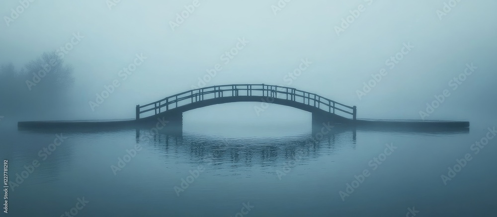 Aufkleber misty bridge over tranquil water with serene reflection and ample space for text or messaging.