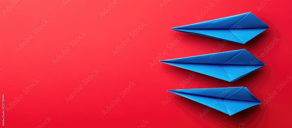 Poster blue paper airplanes arranged on a vibrant red background creating a playful and eye-catching design