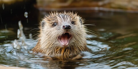 Fototapeta premium An energetic otter splashes in the water, joyfully expressing its playful and lively nature.