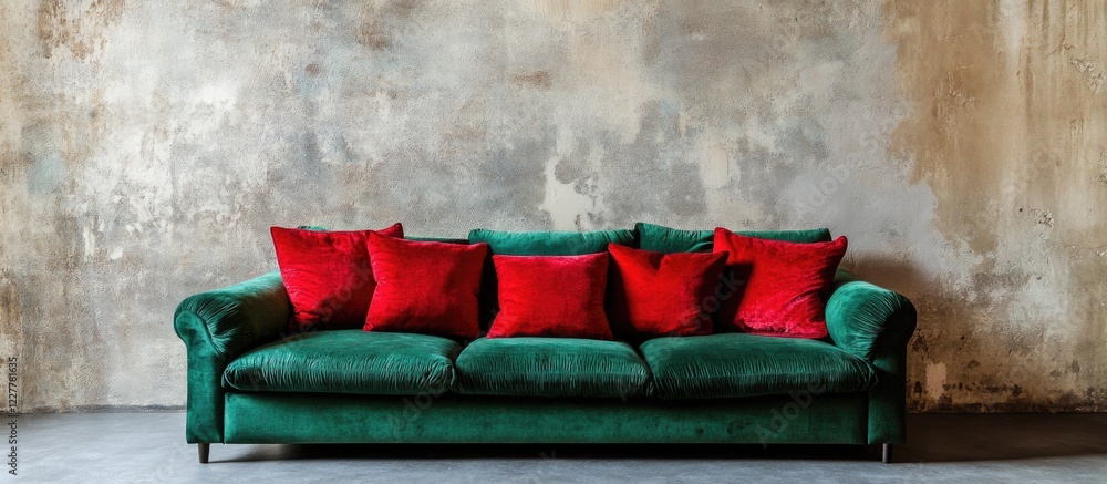 Poster stylish green sofa adorned with red cushions against a textured wall featuring empty space for creat