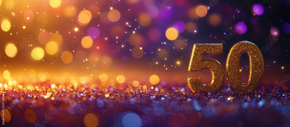 Poster golden number 50 floating on vibrant bokeh glitter background with ample space for text and celebrat