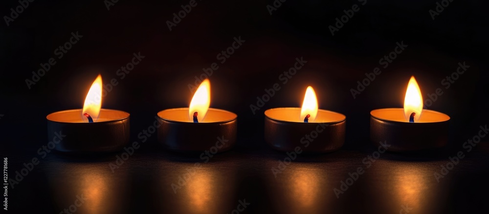 Poster four candle flames burning brightly in a dark environment with space for text and design elements