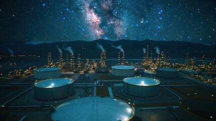 Night view of an industrial facility with storage tanks under a starry sky and mountains in the background