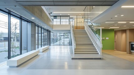 Obraz premium Modern school atrium staircase, city view, lobby bench
