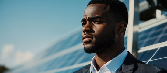 Focused African American engineer surveying solar panels against a clear sky with ample space for text overlay and promotional content