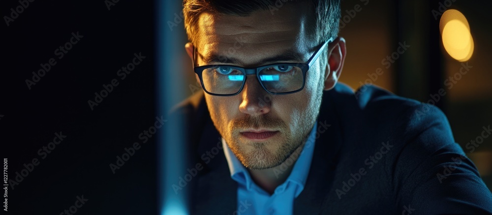 Poster business analyst closely analyzing data on computer screen in modern office setting with space for a