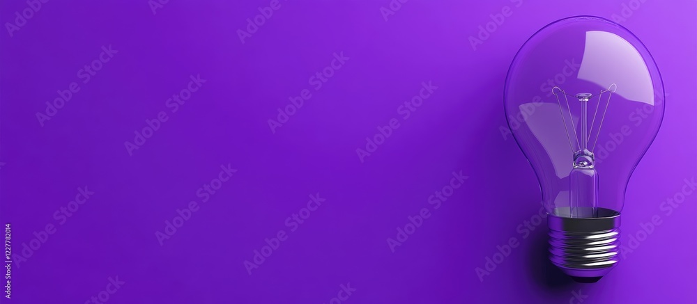 Poster fluorescent light bulb against a vibrant purple background with ample empty space for creative text 