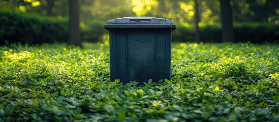 Fototapeta premium Gray dumpster covered in foliage amidst lush greenery creating an empty space for text and conveying environmental themes of waste management.