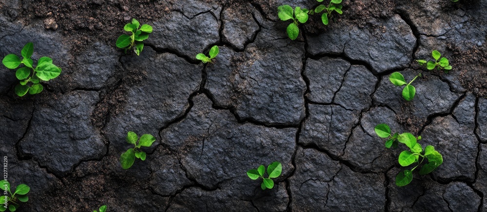 Poster green seedlings emerging from cracked dark soil in a forest setting with ample empty space for text 