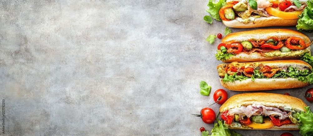 Poster culinary diversity represented by fresh sandwiches on a textured background with ample copy space fo
