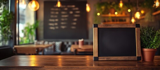 Cozy cafe interior featuring a rustic blackboard sign with modern lighting and natural decor in an inviting atmosphere for text placement