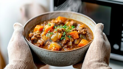Microwave food heating concept. A steaming bowl of reheated stew held by gloved hands in front of an open microwave, modern kitchen decor, comfort food