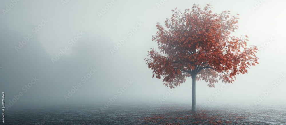 Poster foggy autumn morning with vibrant tree leaves and serene empty space for text or branding in a tranq