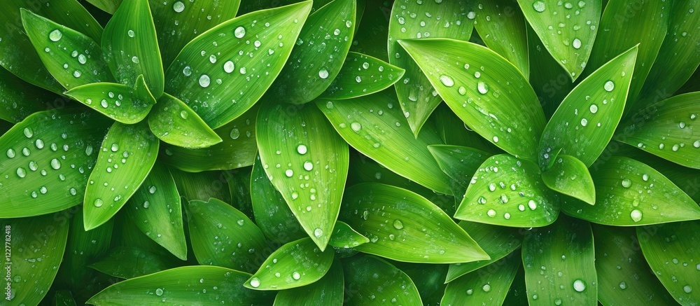 Poster lush green leaves covered in dew drops providing a fresh backdrop with ample empty space for customi