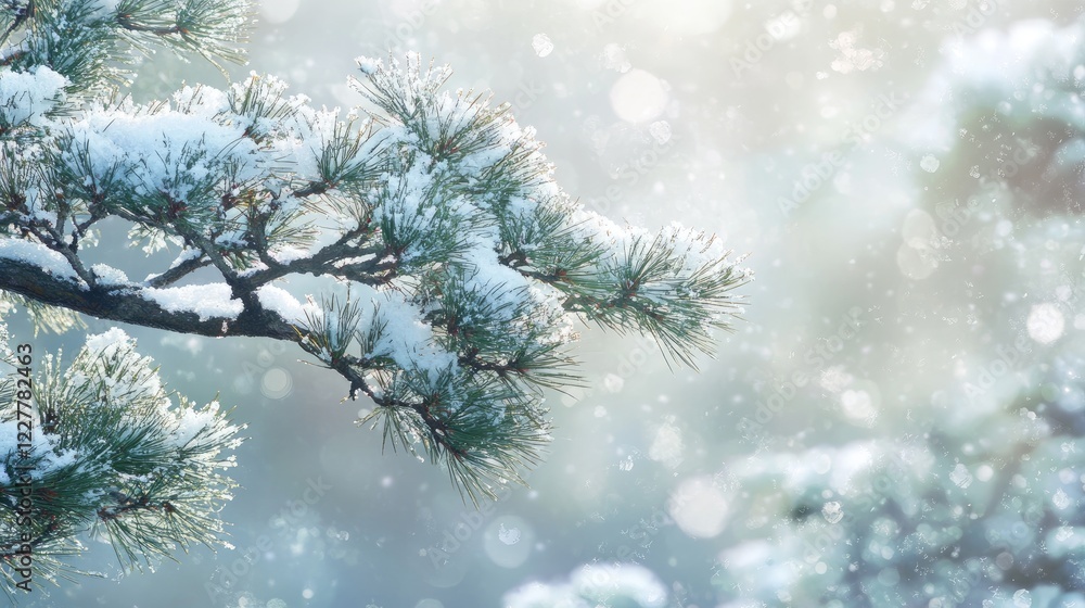 Poster macro view of snow-covered fir branches with a soft bokeh background highlighting seasonal calmness 