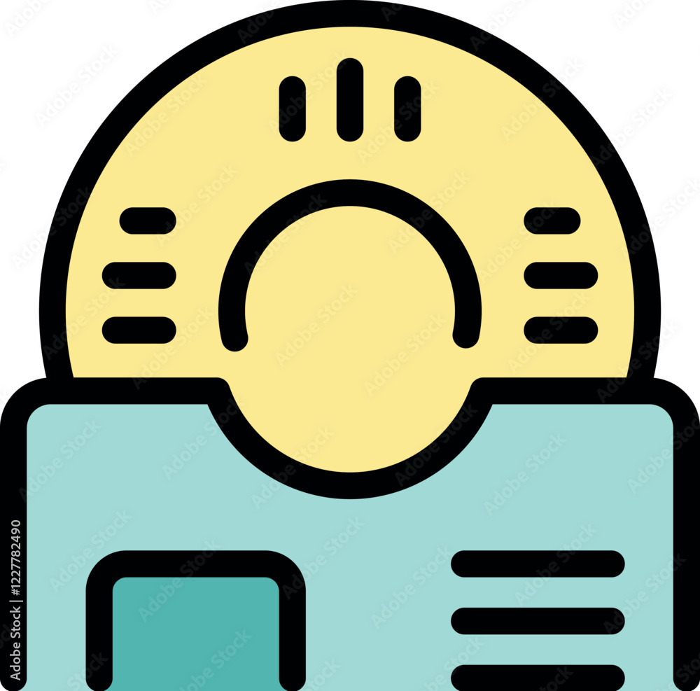 Poster yellow floppy disk inserted into a light blue case, representing retro data storage