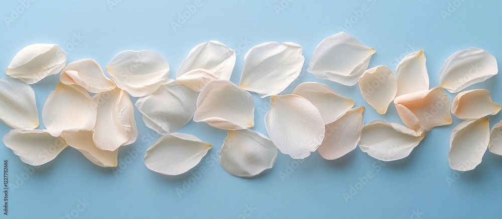 Poster delicate flat lay of light colored flower petals on a blue background with ample empty space for tex