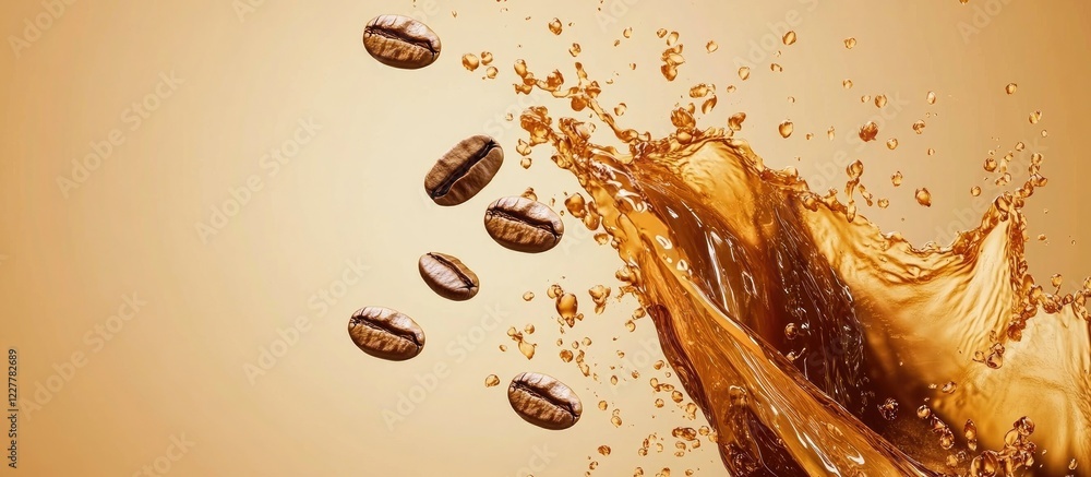 Poster dynamic splash of coffee with flying beans and empty space for text on warm background