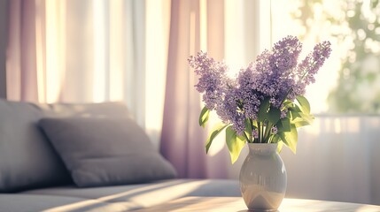 Lilac flowers in a vase on a table against a blurred living room with a sofa and window
