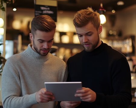 Two young men reviewing a tablet, inside a cafe