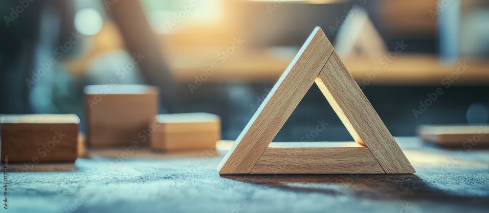 Poster architectural learning and focus through wooden shapes with empty space for text and ideas