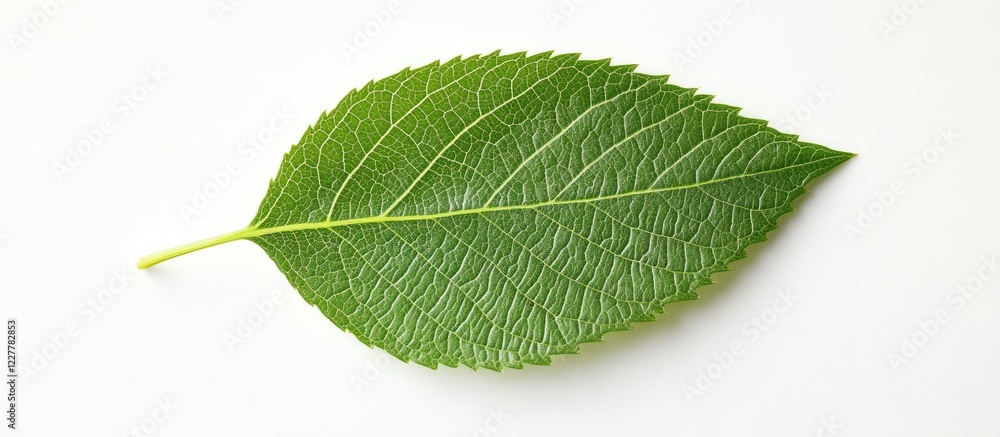 Poster green leaf placed on a white backdrop highlighting natural textures with ample space for your text a