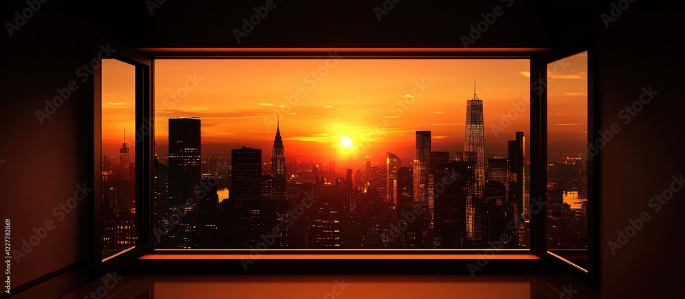 Poster sunset cityscape view from a window with skyscrapers illuminated against a vibrant sky and ample cop