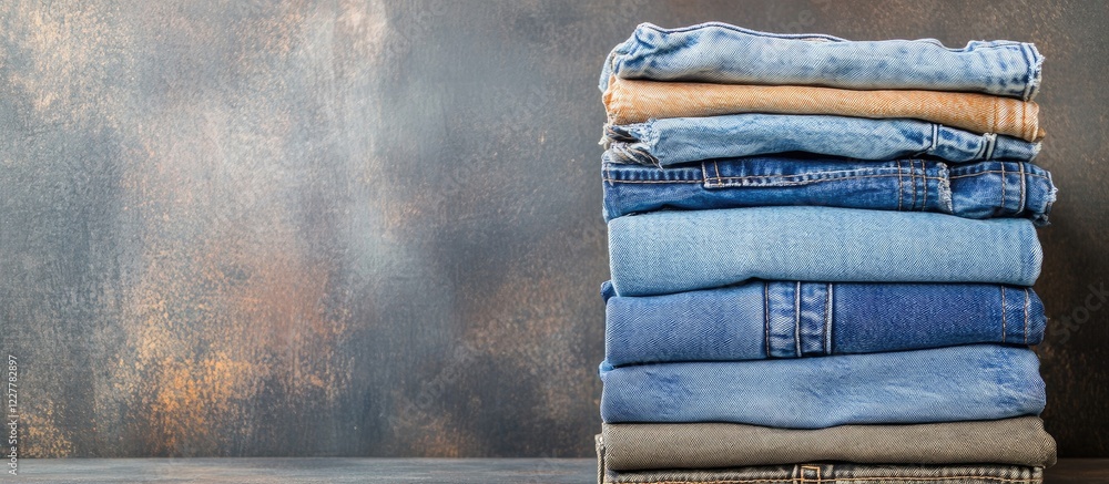 Poster folded jeans stacked on a surface showcasing wrinkles and fold marks with copy space for text on a t