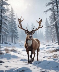 Reindeer and snowflakes falling in a winter landscape, cold weather effects, snowflakes falling, reindeer flying