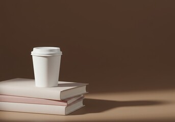 Fototapeta premium White disposable coffee cup with pastel books in minimalist still life soft lighting and warm brown background