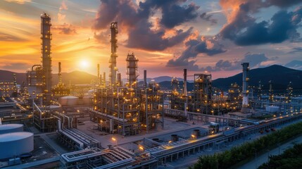 Industrial landscape at sunset with illuminated refinery towers and distant mountains