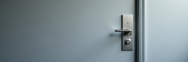 Grey textured wall with light switch and metallic door handle, electrical outlet, modern, room interior
