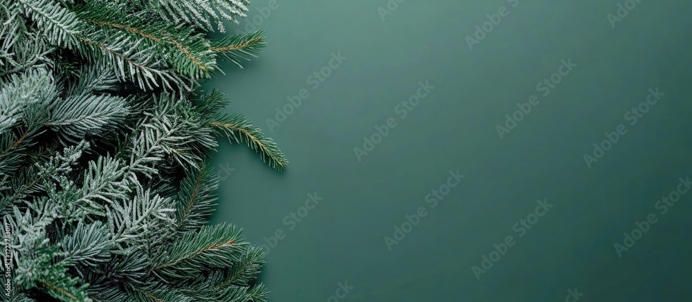 Poster green new year theme minimalist background with evergreen foliage and copy space for text in alterna