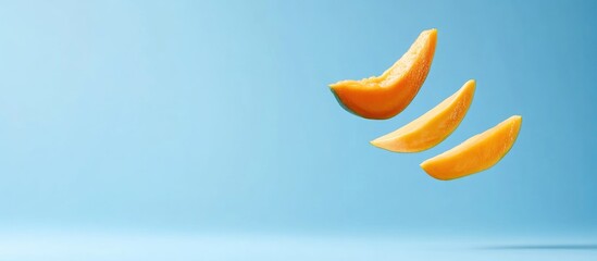 Fototapeta premium Papaya fruit slices in mid-air against a blue background with ample copy space for text and design purposes