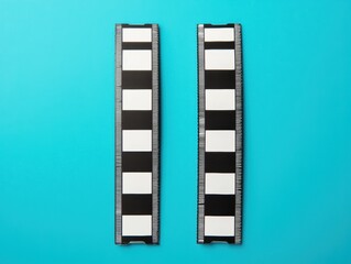 Obraz premium Film reels display studio photography blue background close-up cinematic art