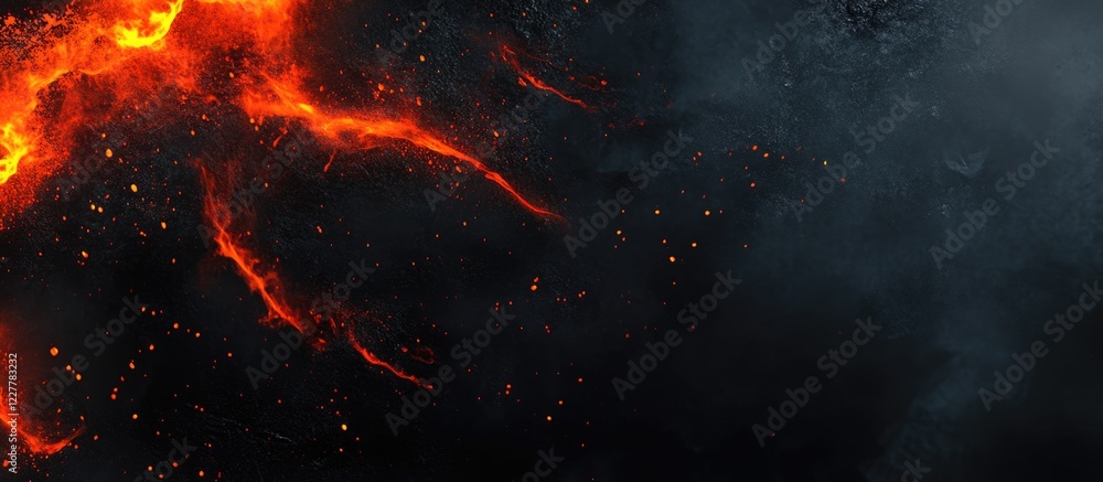 Poster flames and smoke against dark background creating dramatic atmosphere with available copy space for 