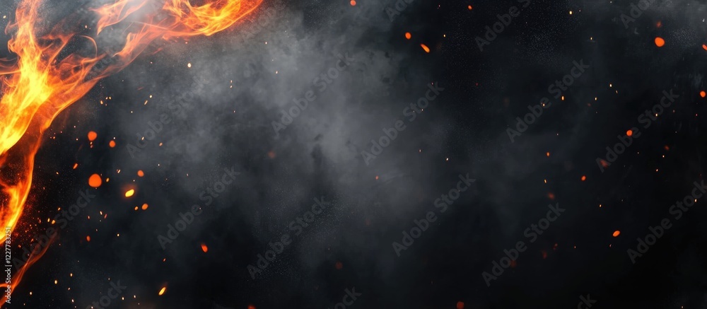 Poster dynamic flames and smoke on dark background with empty space for text or graphic overlay