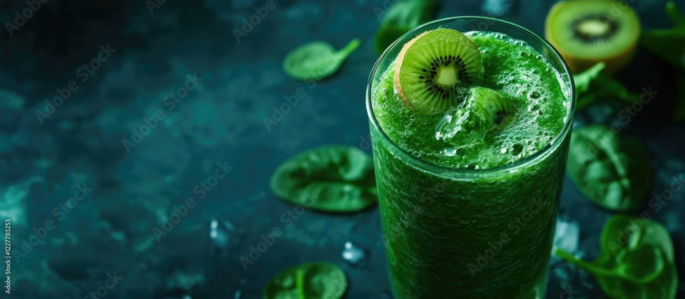 Poster refreshing green smoothie featuring spinach and kiwi, set against a dark backdrop with ample empty s
