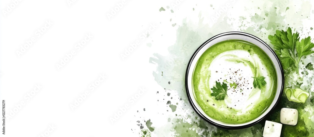 Aufkleber creamy green vegetable soup with parsley and cream served in a bowl with a textured background and e