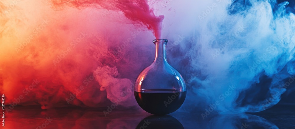 Aufkleber colored smoke in a laboratory flask with blown glass and empty copy space for text