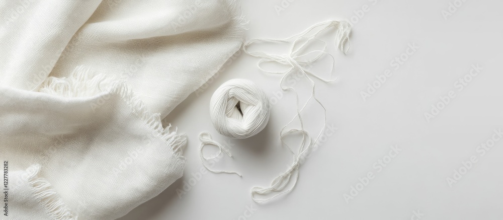 Poster folded white cotton fabric with scattered threads on a neutral background perfect for showcasing del
