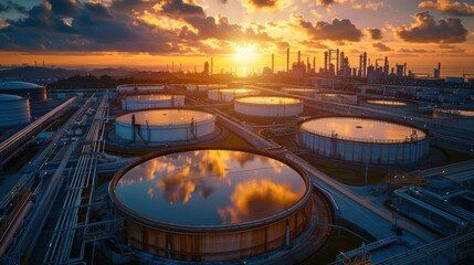 Aerial view of industrial oil storage tanks reflecting a vibrant sunset over a city skyline
