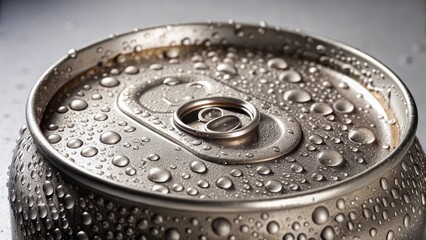 Close-up shot of a can of soda with condensation on the surface, shiny finish