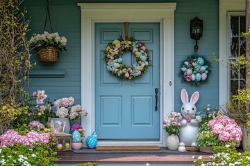 Naklejka premium Porch of a house decorated for Easter holidays with colorful Easter eggs and beautiful spring flowers 