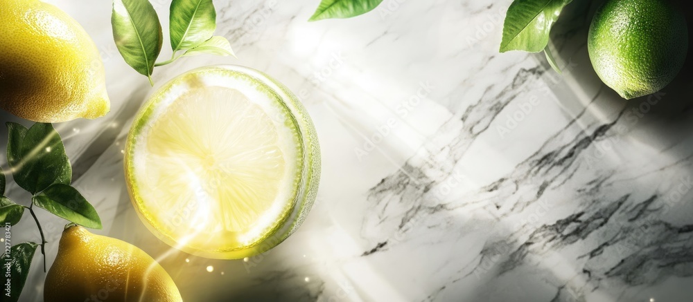 Poster glowing citrus slices of lime and lemon with leaves on marble surface creating fresh and vibrant bac