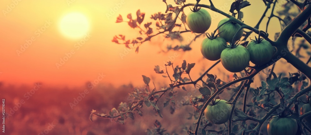 Poster green tomatoes on branches in sunset tomato field with soft light and space for text