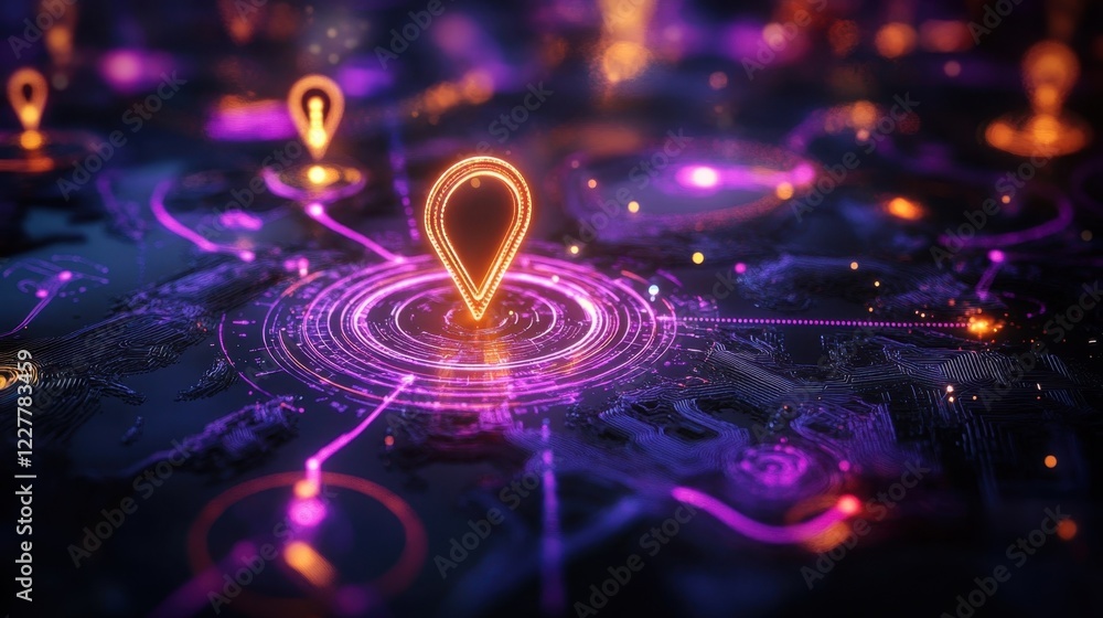 Poster glowing location pin hovering over digital world map, representing global positioning system, naviga