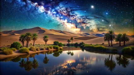 Obraz premium Desert landscape at night with towering dunes under starry sky